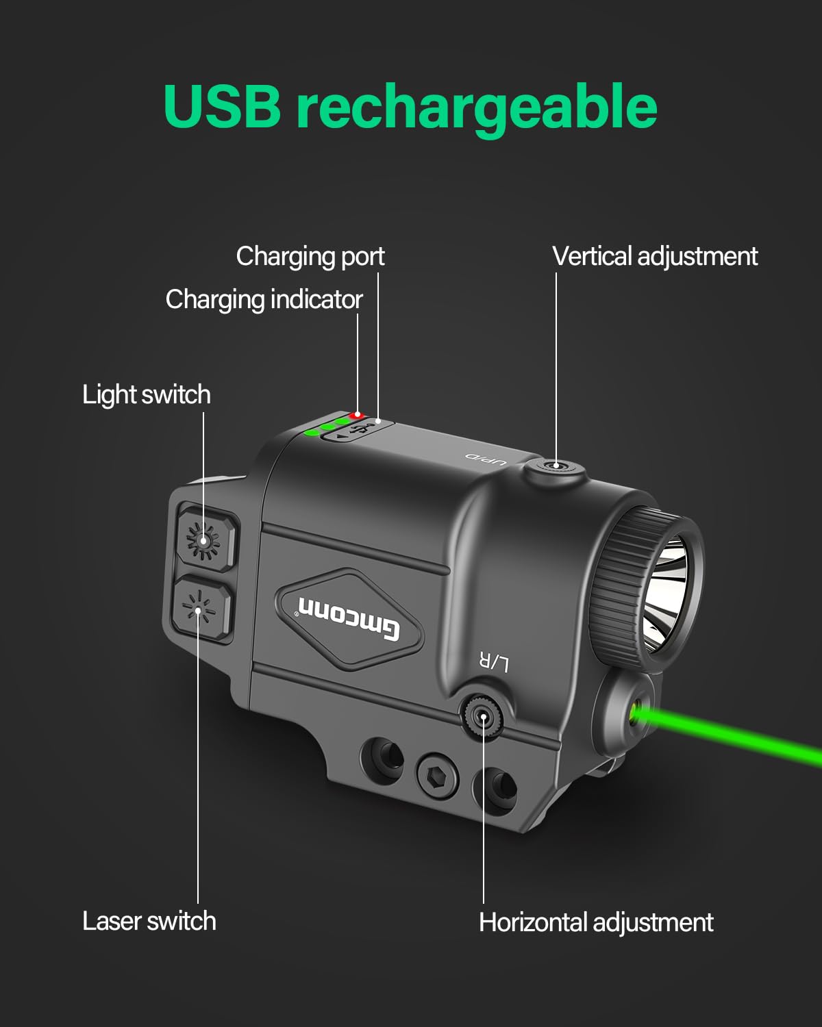 Gmconn 800 Lumen Green Laser Light Combo for Pistol | Tactical Flashlight with Strobe & Momentary Function