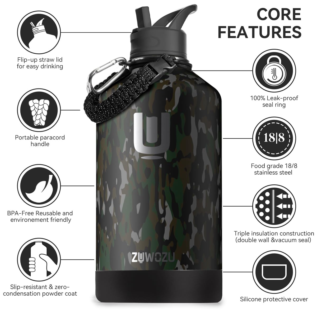 ZUWOZU 1 Gallon Water Bottle Insulated, 128 oz Large, Stainless Steel Water Bottle with Paracord Handle and 3 Lids, Gallon Water Jug for Hot & Cold Liquid, Gym,Sports& Traveling