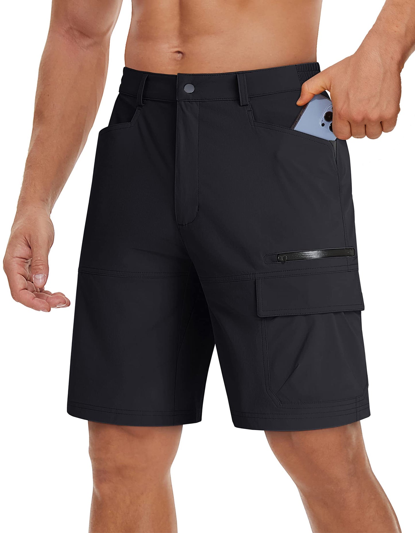 TACVASEN Mens 10" Hiking Cargo Shorts Golf Casual Lightweight Quick Dry Summer Dress Fishing Travel Shorts with Zipper Pockets Black 32