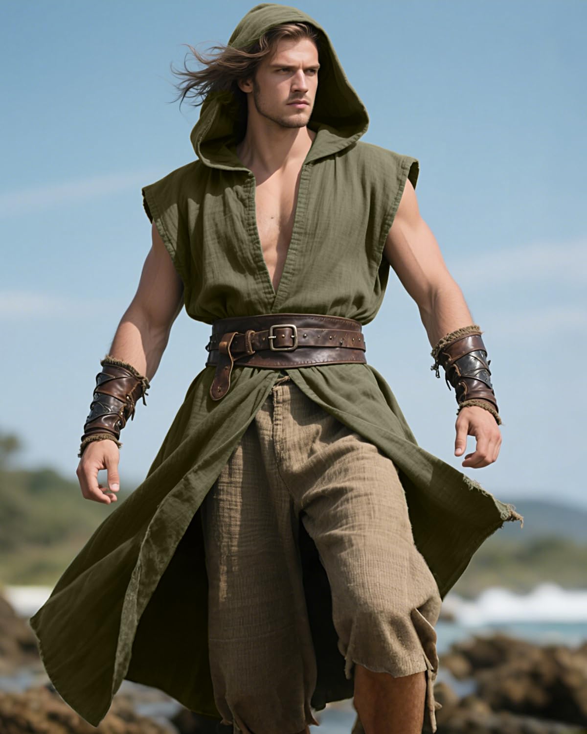 Medieval Sleeveless Hooded Surcoat Renaissance Assassin Costume (Green, L)