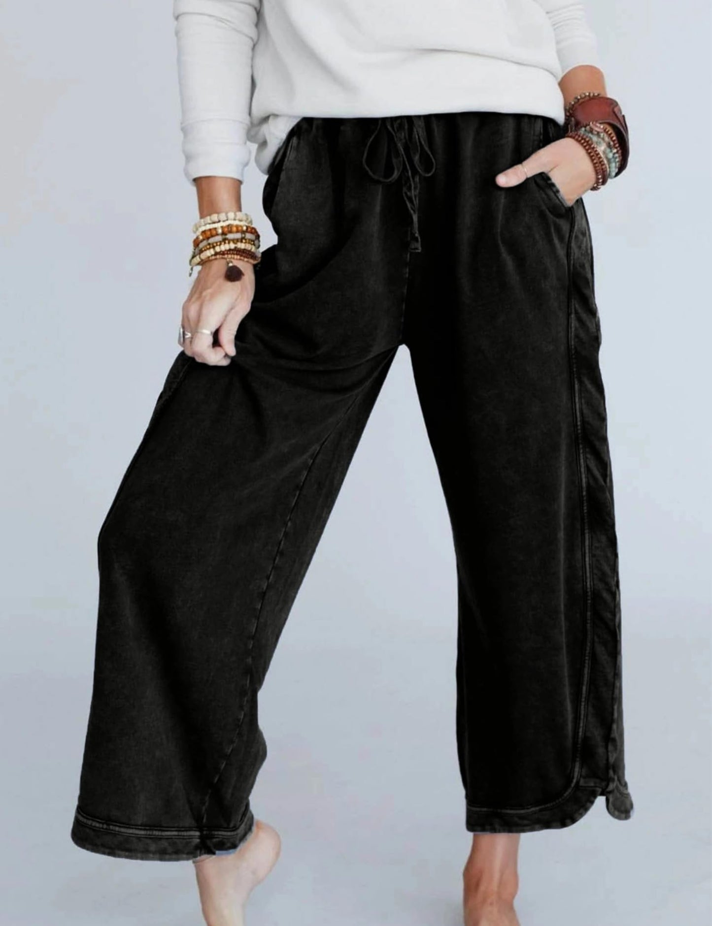 Malajisi Women's Casual Wide Leg Pants High Waist Drawstring Sweatpants Baggy Athletic Trousers with Pockets(Black,M)