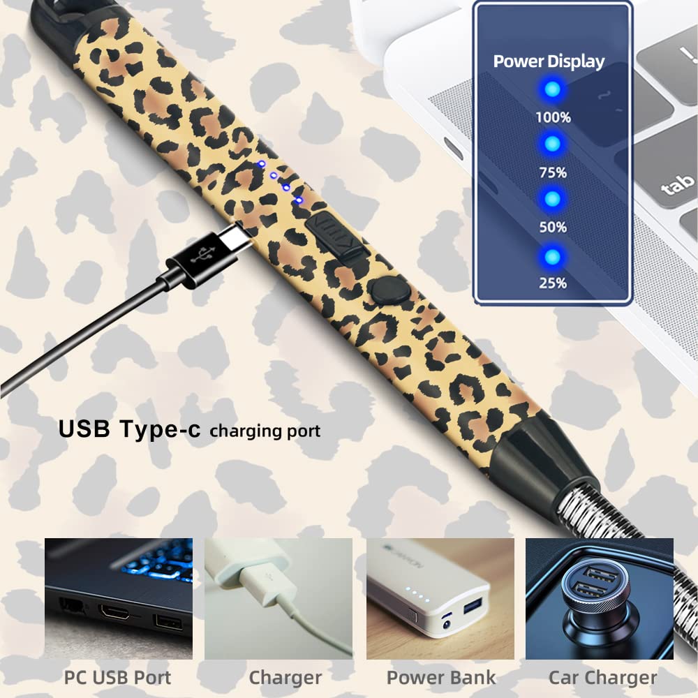 2 Pack Candle Lighter,Arc Lighter with USB Charging,Flameless Windproof,LED Battery Display,Safety Switch,Rotate 360 Degrees,for Aromatherapy,Candles,BBQ,Camping. (Leopard Print)