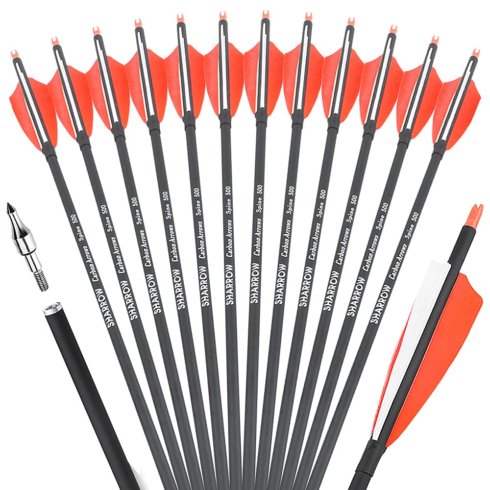 ZSHJGJR 30 Inch Archery Carbon Arrows Hunting Arrows with 4” Turkey Feather Target Practice Arrows Spine 500 for Compound & Recurve &Traditional Bow 6/12pcs (12 x Orange Arrows)