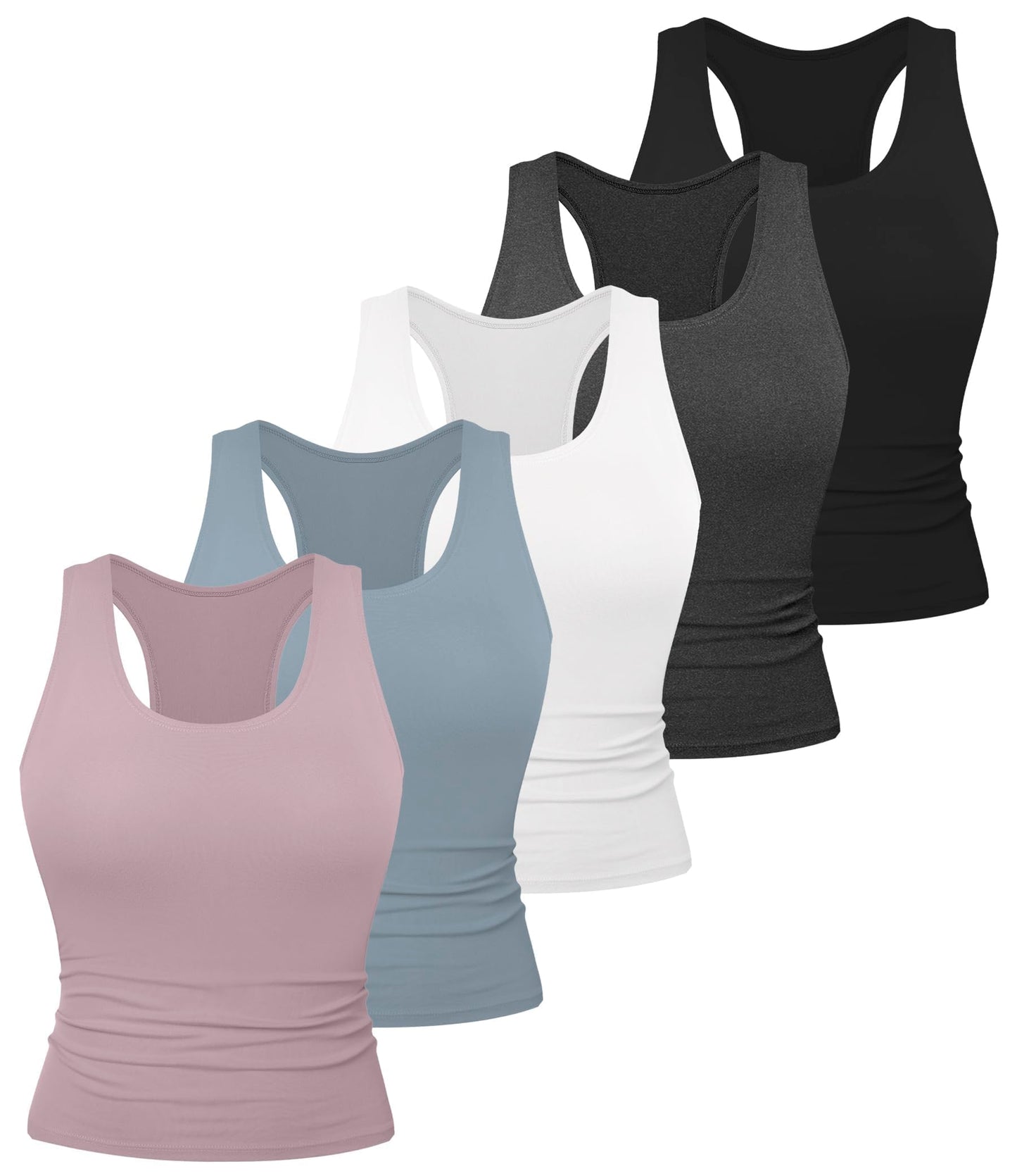 Dalavch 5 Pack Women's Workout Racerback Tank Tops Spandex Yoga Athletic Running Gym Sports Crop Tops for Women No Built-in Bra 1 Black 1 White 1 Heather Grey 1 Pink 1 Blue Small