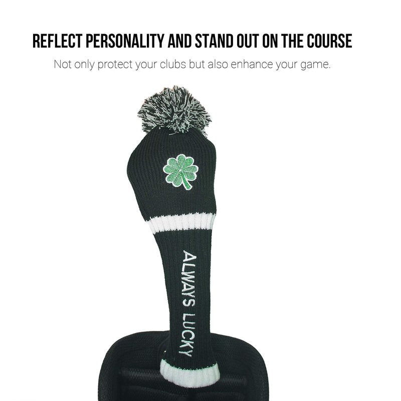 LOXASUM Golf Club Head Covers Driver Wood Set 1 3 5 Funny Knitted St. Patricks Day Gift Original Clover Embroidered Always Lucky 460cc POM POM (#1 Driver)