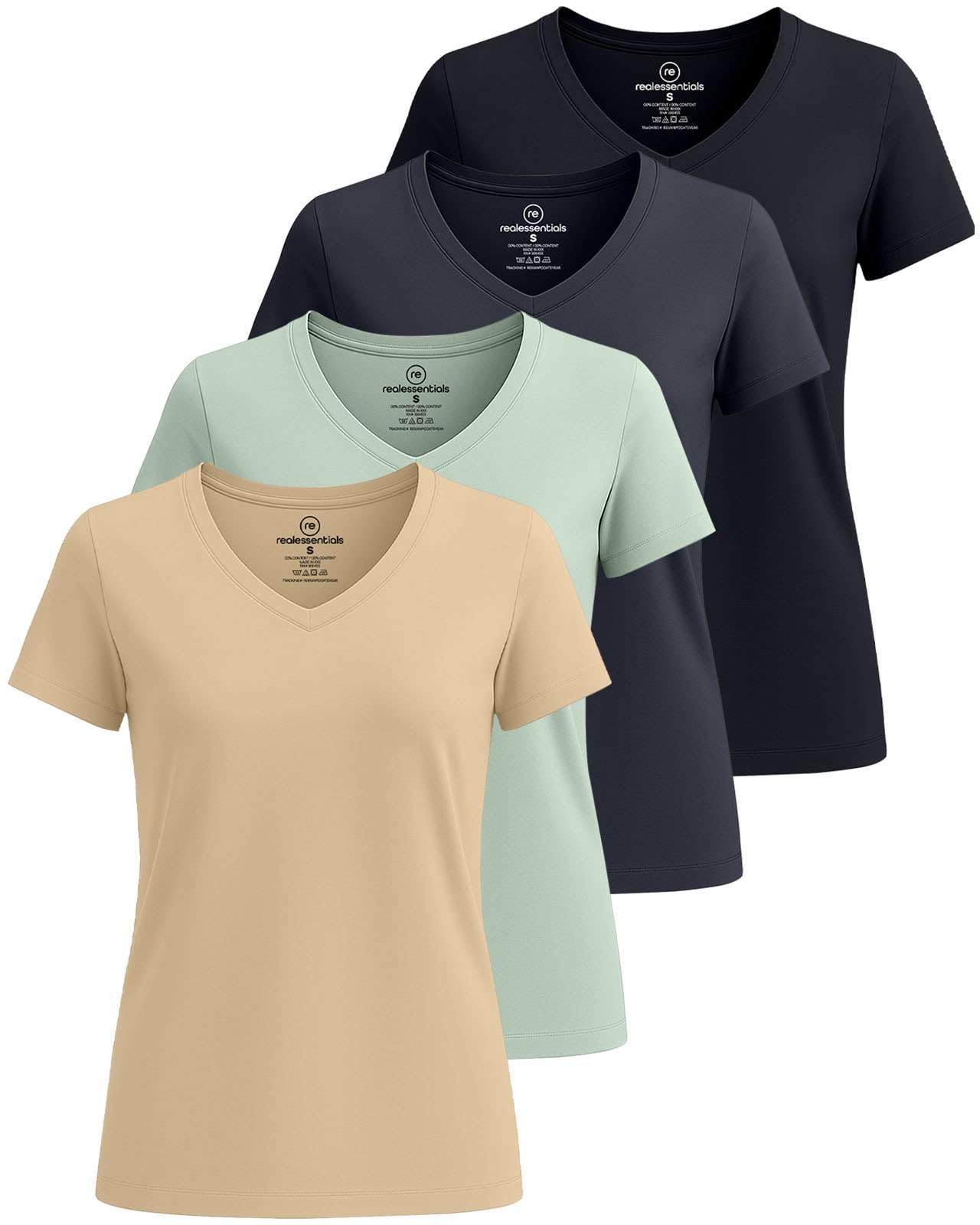 Real Essentials 4 Pack: Women's Classic-Fit Cotton Short-Sleeve V-Neck T-Shirt (Available in Plus Size)