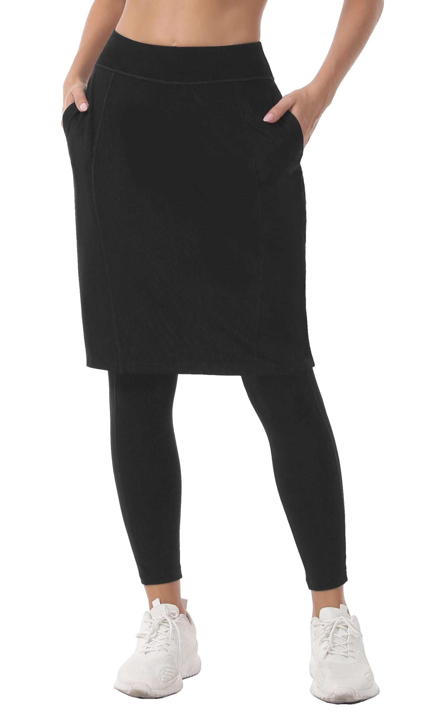 HOKOYI Women 23" Athletic Knee Length Skirt with Full Leggings Attached Pockets Workout Modest Skirted Capris bk m Black