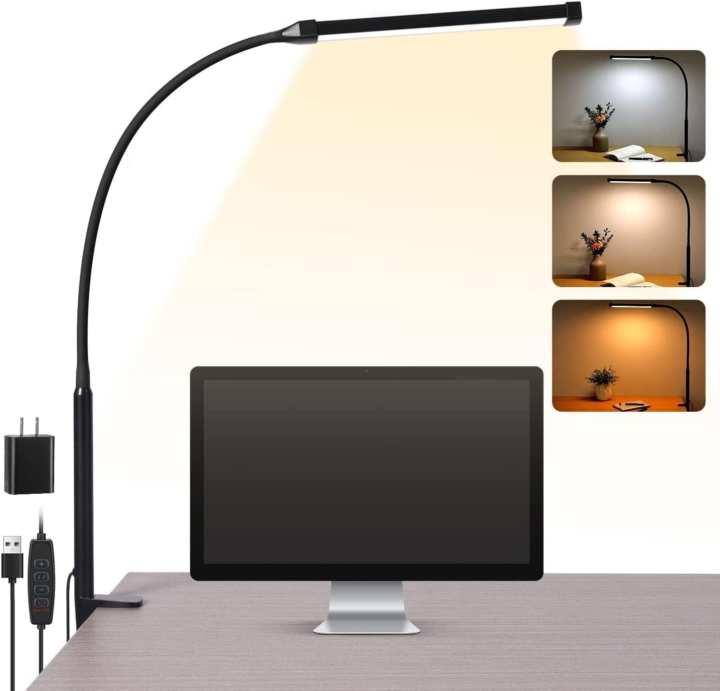 LED Desk Lamp with Clamp - Eye-Caring Clip-On Light for Home Office | 3 Modes, 10 Brightness Levels, Flexible Goose-Neck, Metal, Black