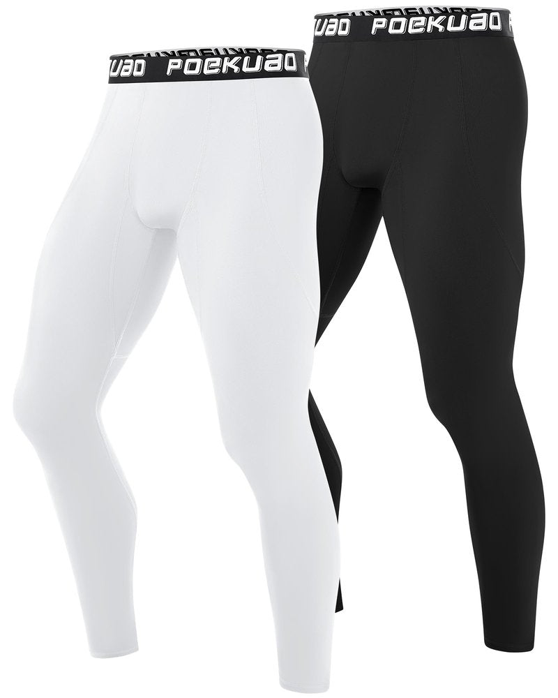 Poekuao Compression Pants Men Athletic Workout Leggings Running Tights Gym Sports Base Layer for Football Cycling Black White