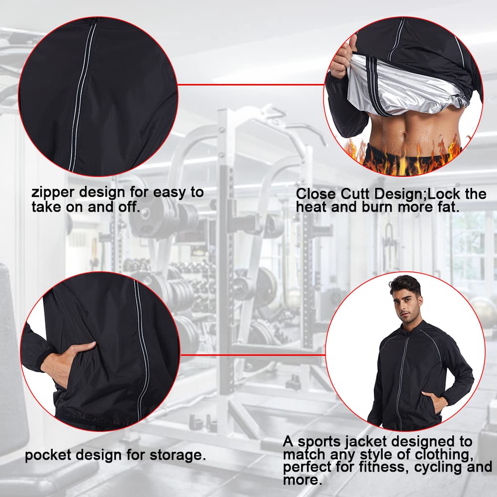 LAZAWG Sauna Sweat Suit Mens Long Sleeve Zipper Workout Lightweight Men Sweat Jacket Gym Exercise Fitness Running