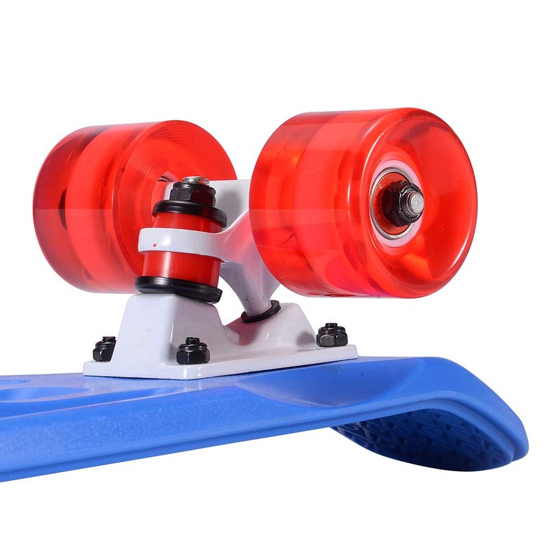 Playshion Kids Skateboard | 22" x 6" | Sturdy Fiberglass Deck Components - Hold up to 220 lbs | Designed for Boys, Girls and Teens (Blue/Clear Red)