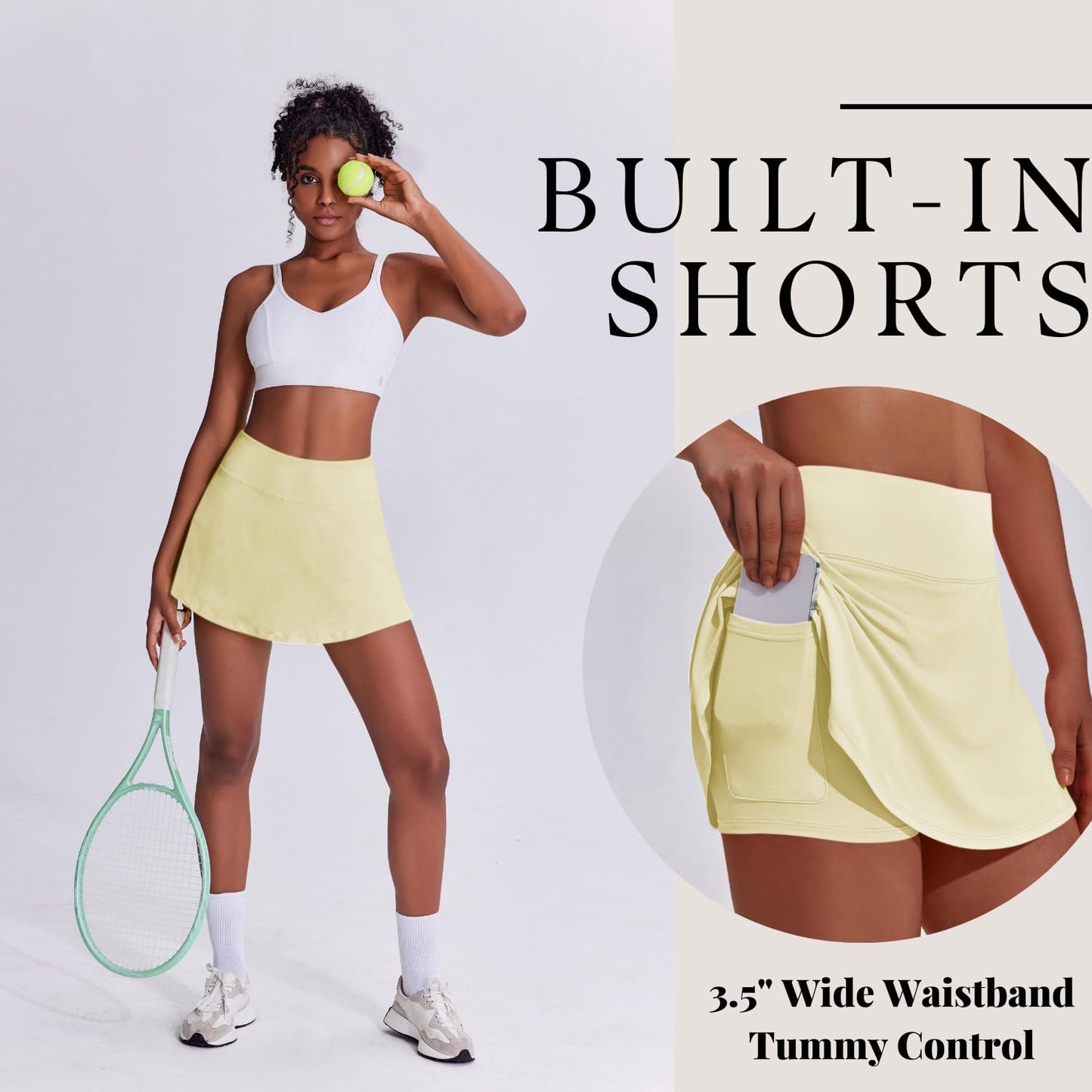 PINSPARK Skorts for Woman UV Protection Tennis Skirt High Waisted Golf Skort with Pockets Strecth Pickleball Skirts, Butter Yellow XX-Large