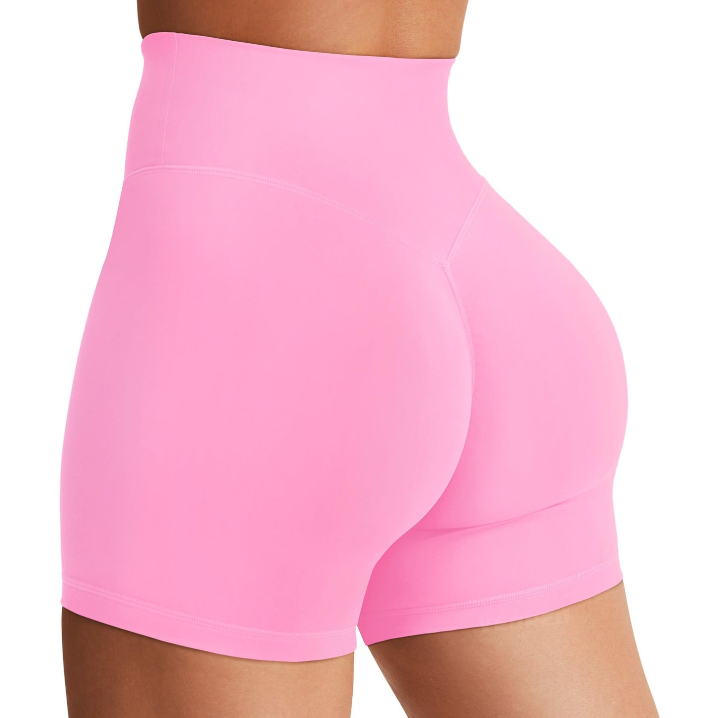 YEOREO Women's Biker Shorts 4.5" / 6" Workout Gym Shorts Craze High Waist Tummy Control Hidden Scrunch Running Yoga Bubblegum Pink L