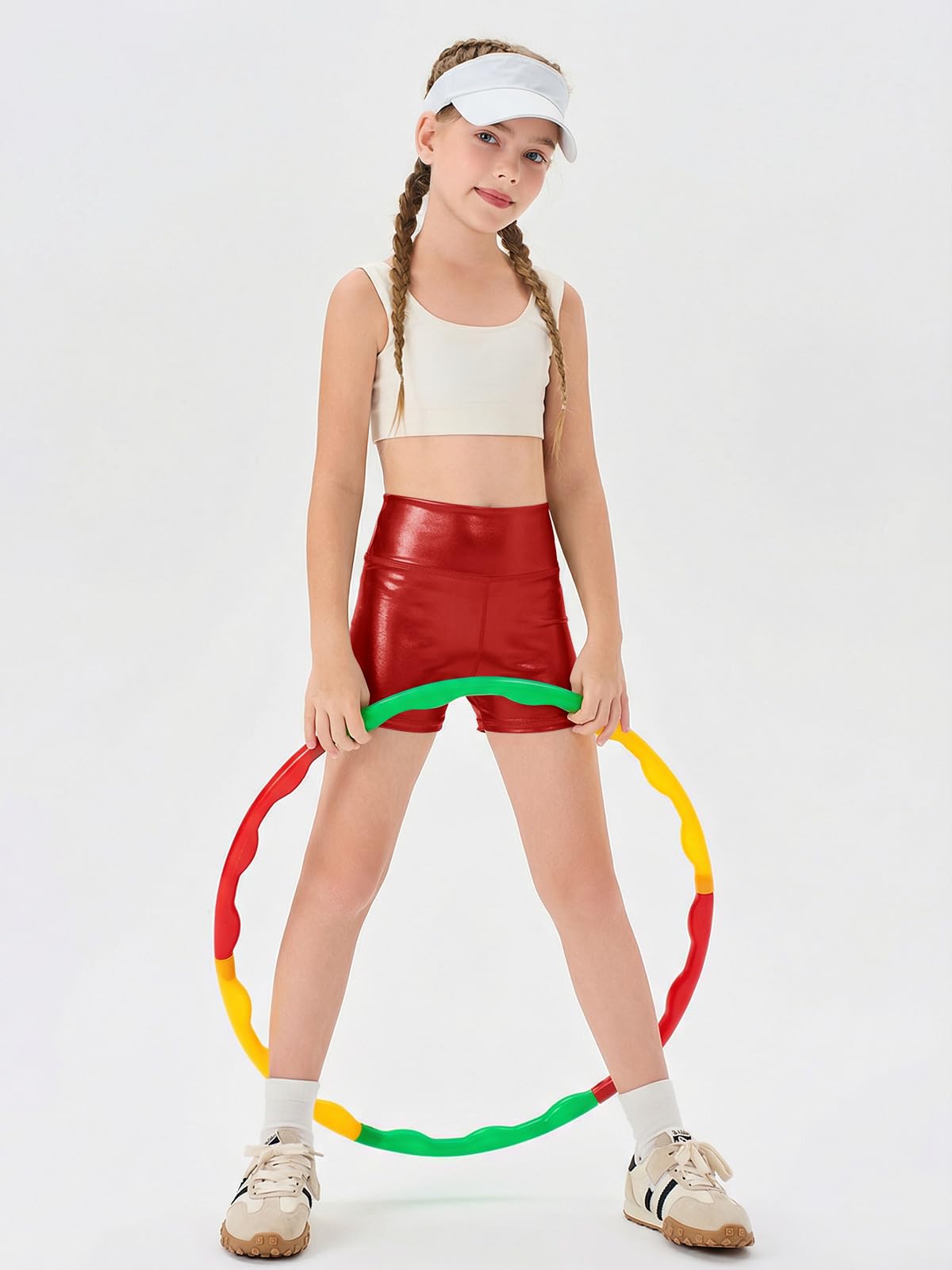Haloumoning Girls Metallic Athletic Shorts Kids High Waisted Yoga Dance Biker Shorts Comfy Gymnastics Shorts 5-14Y