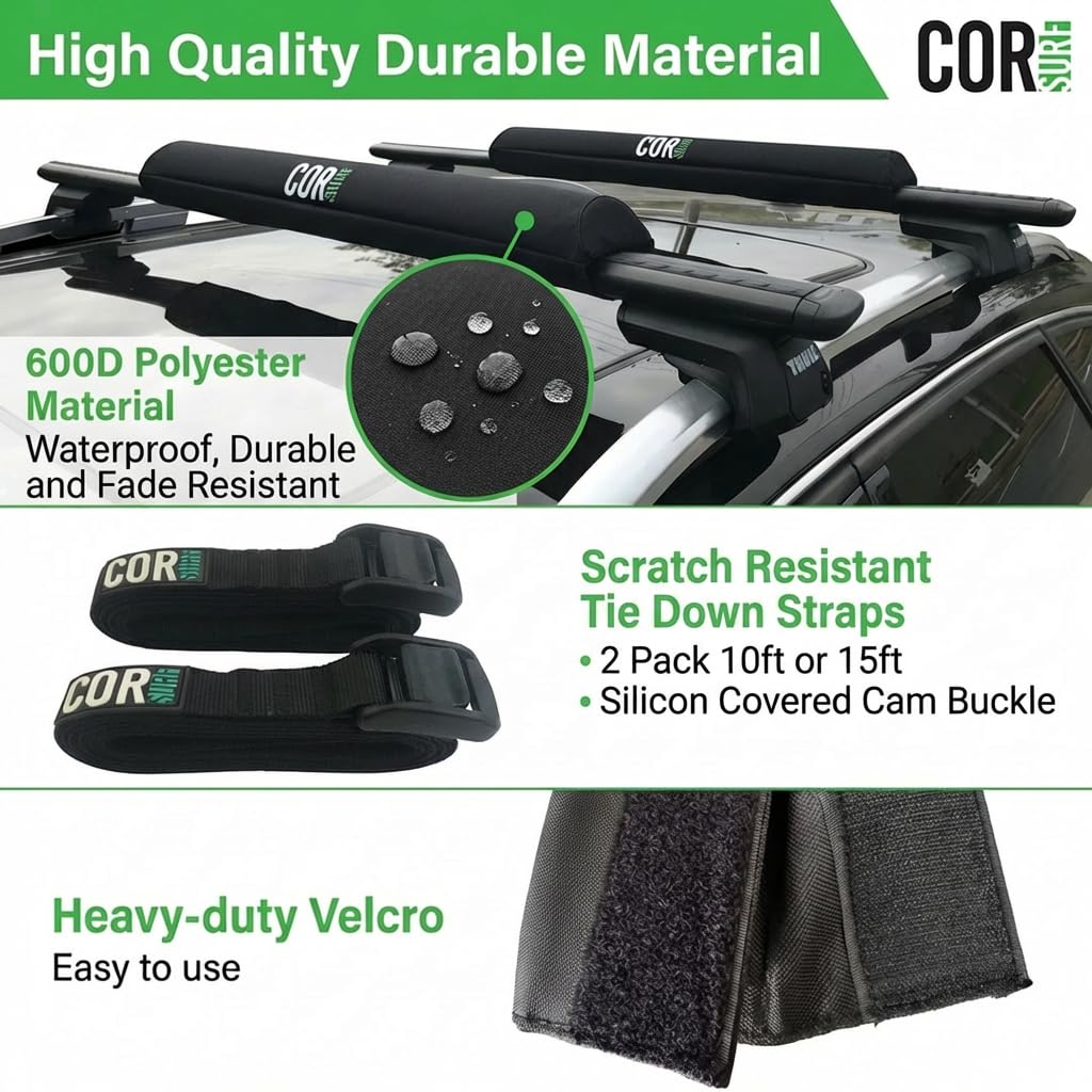 COR Surf Aero Roof Rack Pad and Premium No-Scratch Cam Buckle Tie Down Straps with Protective Silicone for Surf, SUP, Kayak and Canoe (19" Narrow Black)