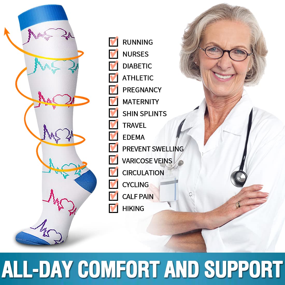 Bluemaple 6 Pack Copper Compression Socks for Women and Men Circulation-Best Support for Medical, Running,Nursing,Athletic