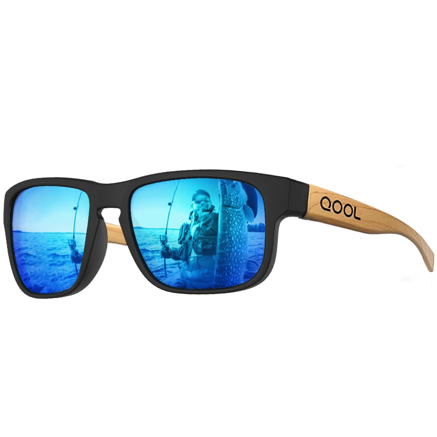 QOOL TIMES F11 Casual sport Wooden Bamboo Blue Sunglasses Temples for Men Women, Running Driving Golfing Cycling Hiking Fishing baseballand Outdoors
