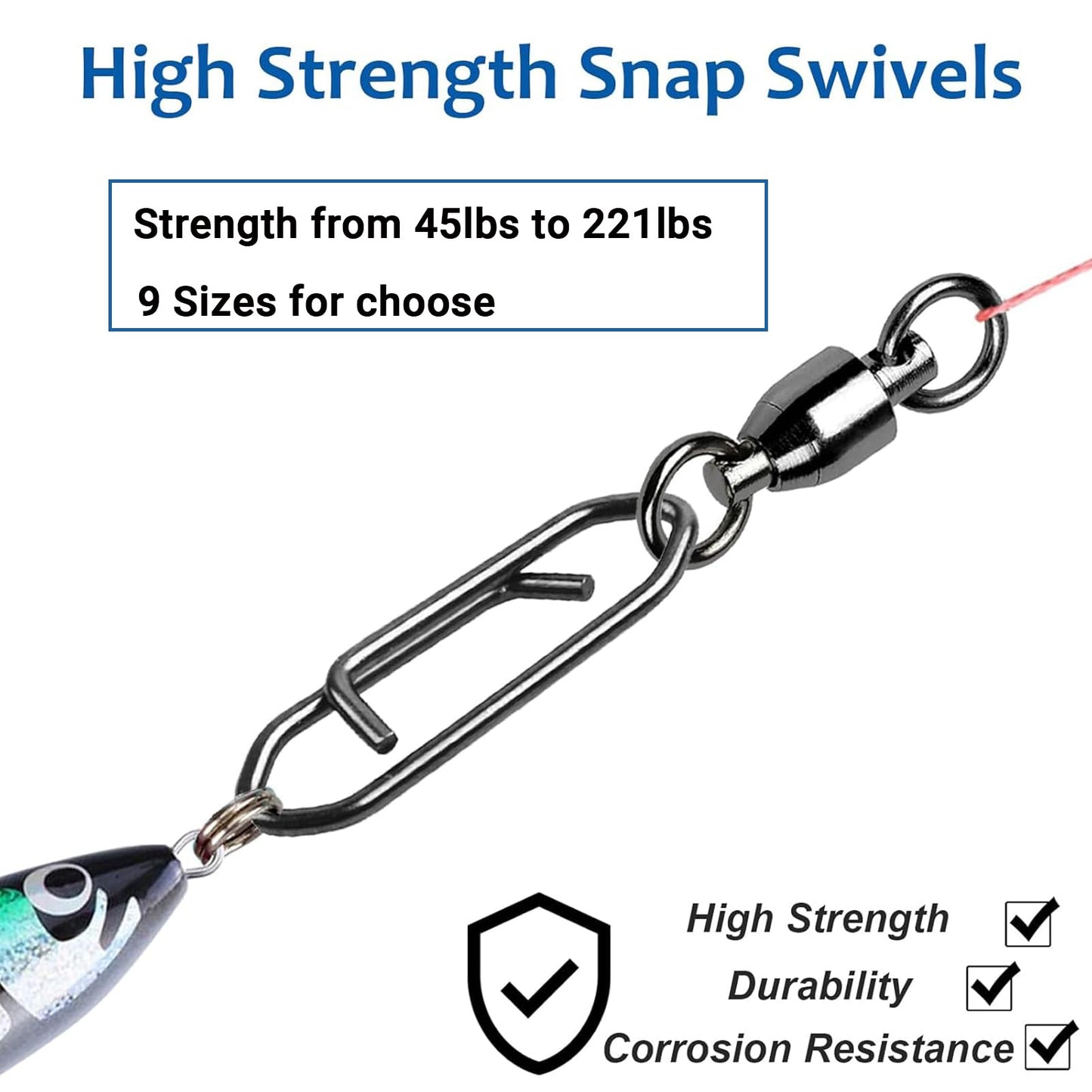 AMYSPORTS High Strength Snap Swivels Stainless Bearing Rolling Fishing Swivel Freshwater Snap Swivels Fishing Clip Steel Black Nickel, 25pcs, 177lbs