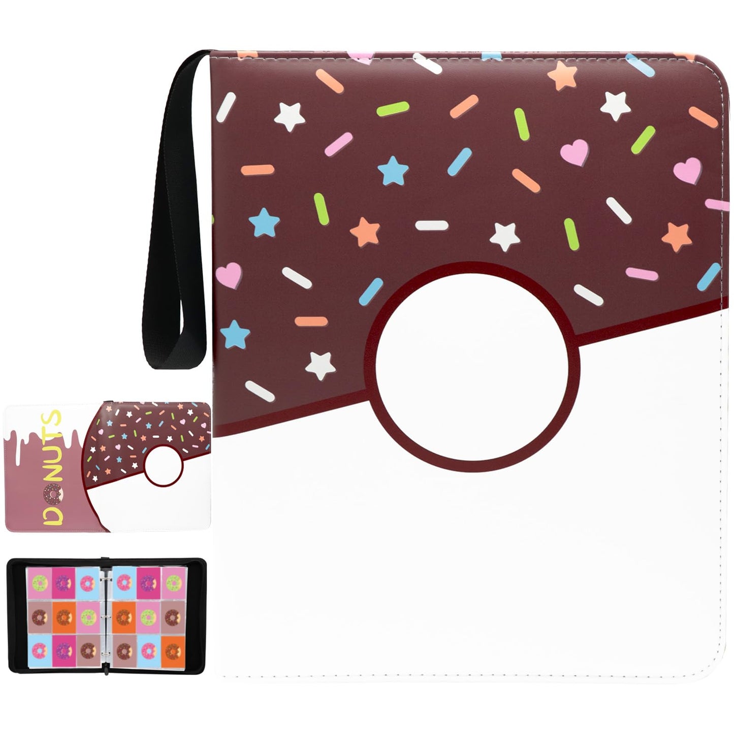9 Pocket Card Binder 900 Card Holder Album, Pink Donut Trading Cards Holder Zipper Binder for Girl Teen Collection (Choco Donut, 900 Pocket)