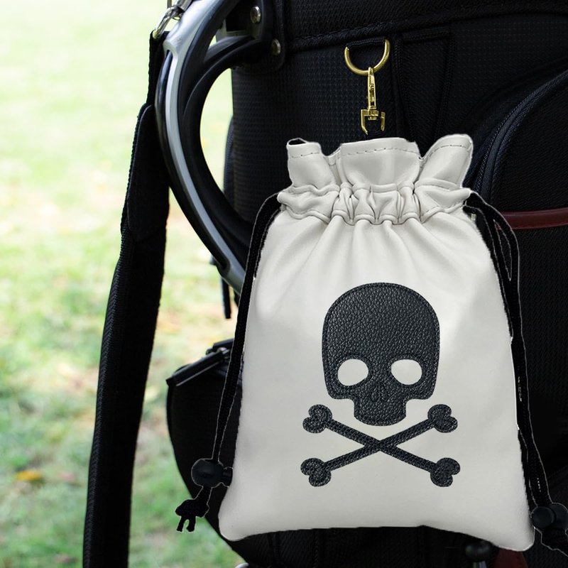 Skull Golf Valuables Pouch Bag with Drawstrings - Premium Faux Leather Tee Pouch Accessorries for Men, White Ball Bag