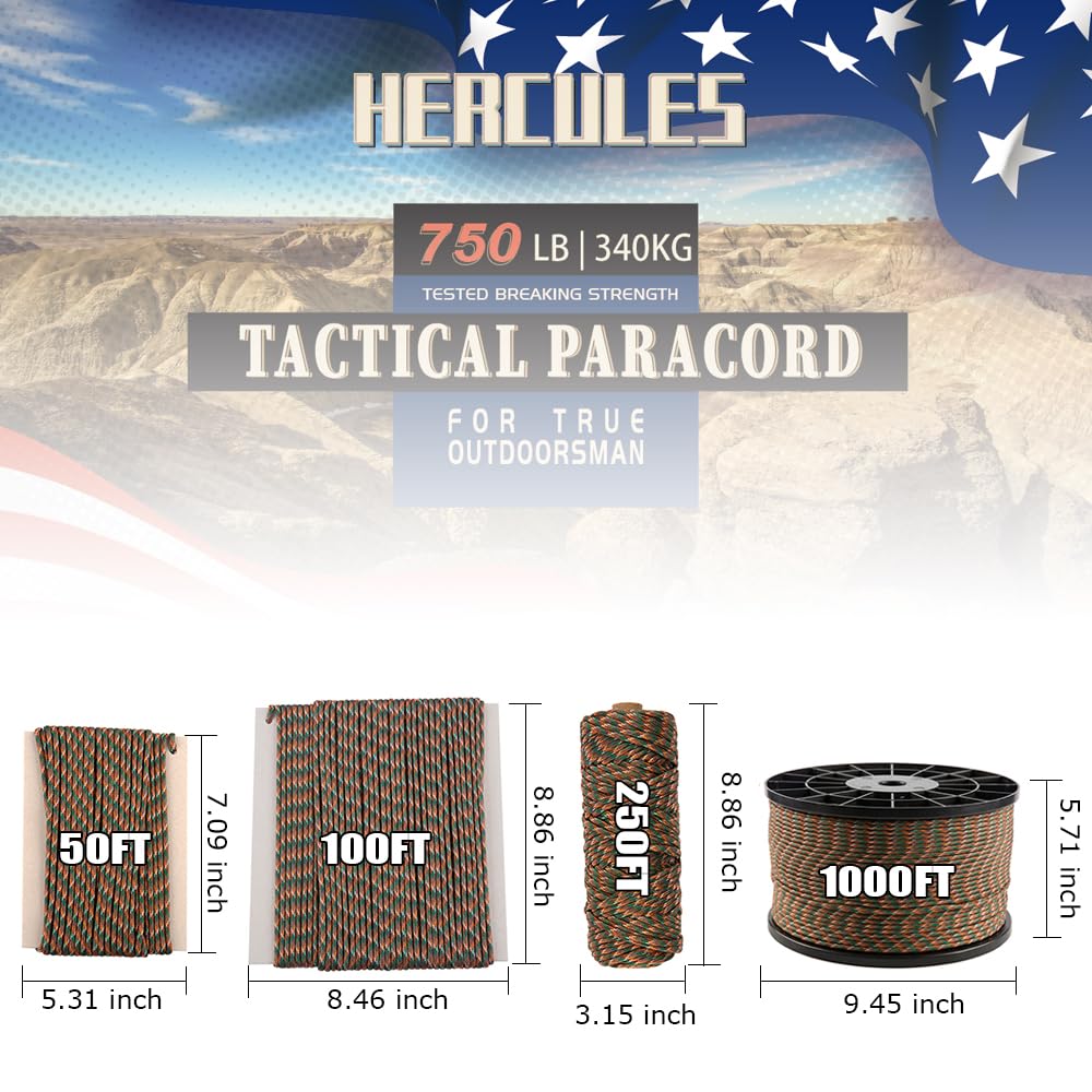HERCULES 750lb Paracord 4mm 11 Strands Tactical Parachute Cord, 50' 100' 250' 1000' Utility Rope for Camping, Survival, Outdoor Gear (Camouflage, 50FT)