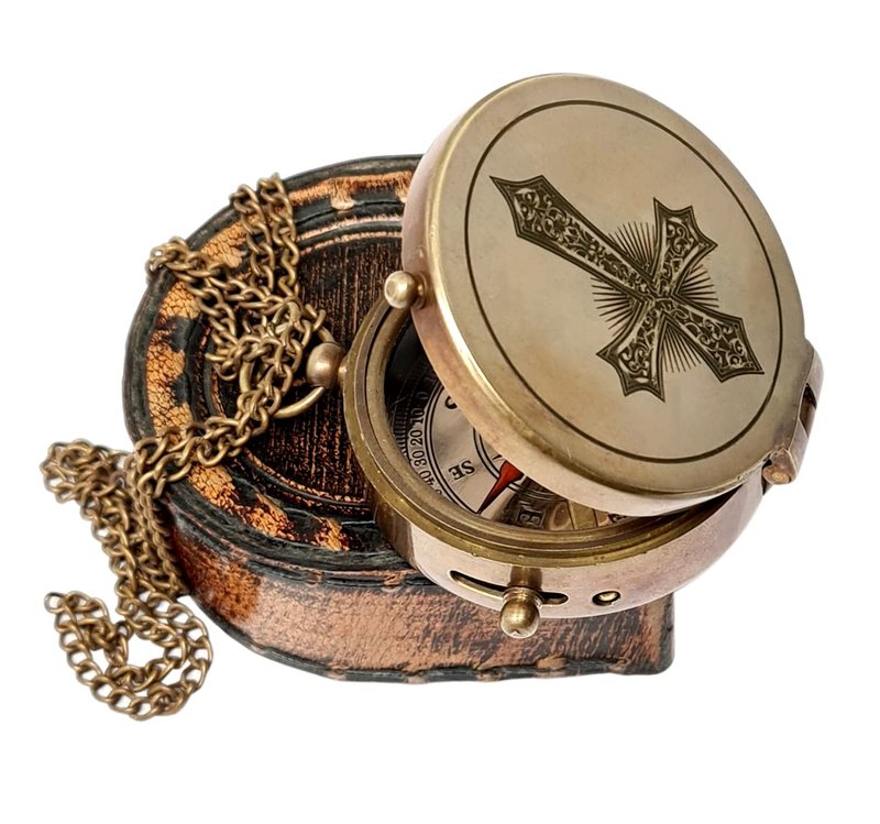 Brass Nautical - Engraved Brass Compass with Leather Case, Religious Scripture, Removable Chain - Confirmation, Graduation, Baptism Gift | Antique Décor Accent