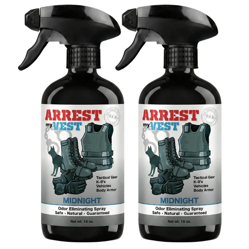 Arrest My Vest Military and Police Grade Odor Eliminating Spray for Body Armor Odor, Tactical Gear. Safe on K9's. Safe on All Ballistic Vests and Fabrics - Midnight Fragrance - 2 16 oz Bottles