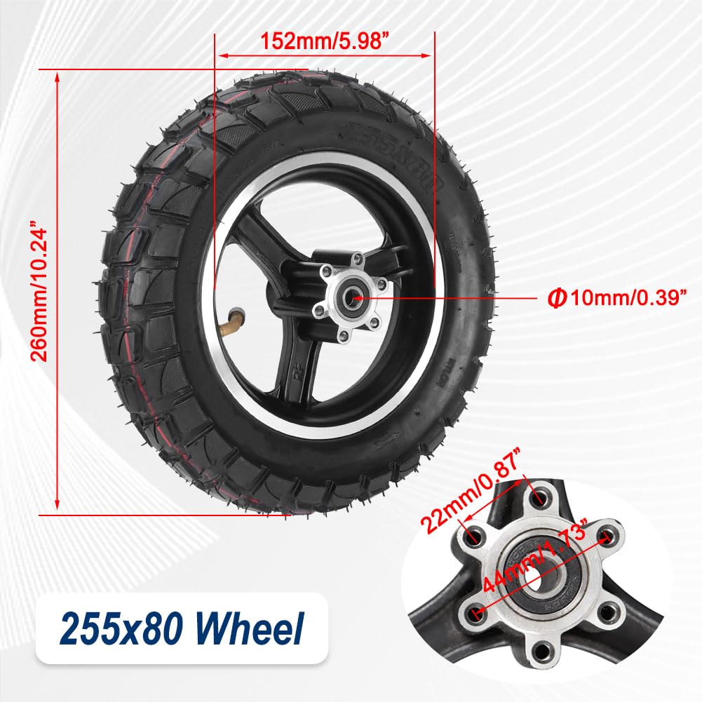 255x80 Scooter Tire with Hub 10 Inch Off Road Tyre Electric Scooter Tire with Inner Tube Non Slip Thickened Pneumatic Rubber Tyres Replacement for 80/65-6 10x3.0 Electric Balance Scooter