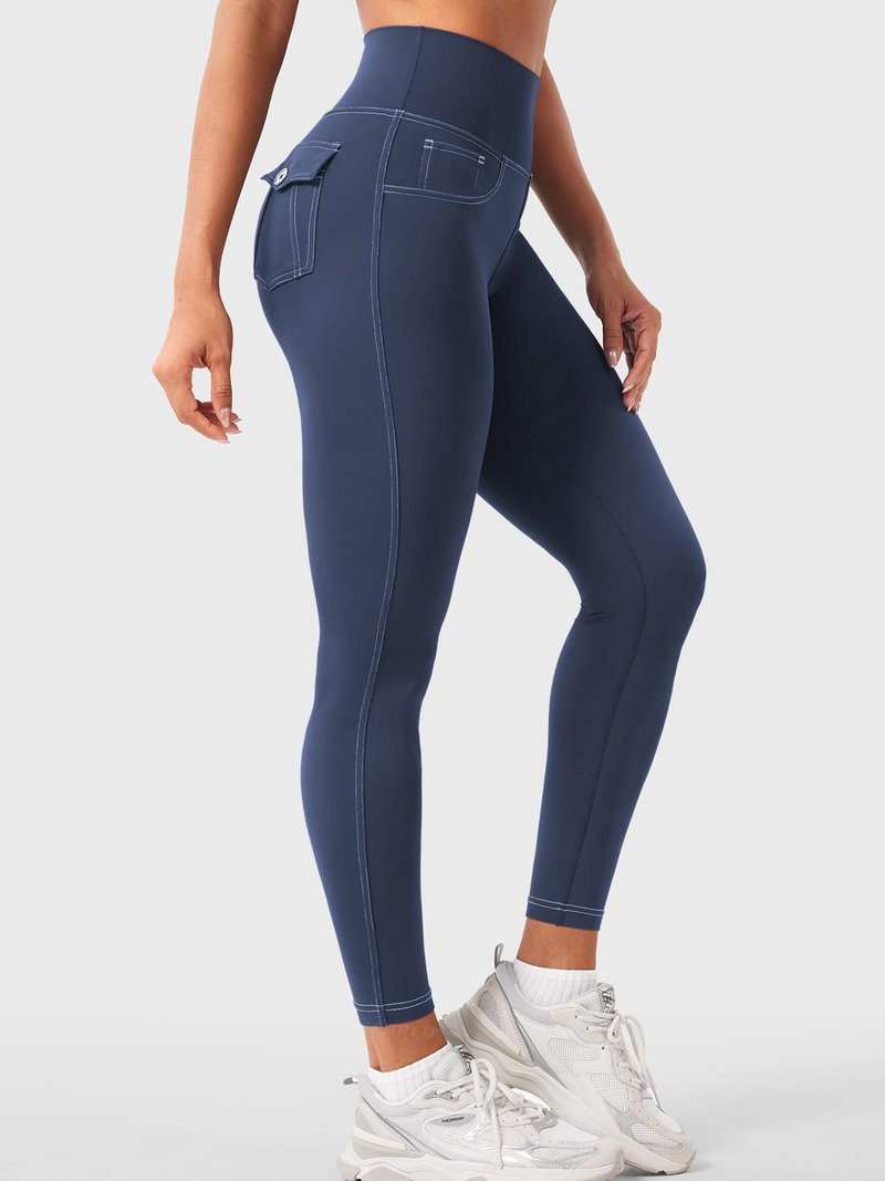 YEOREO CoreFlex Women Workout Leggings with Pockets Scrunch Butt Lifting Gym Cargo Denim-Look Yoga Pants Navy Blue M