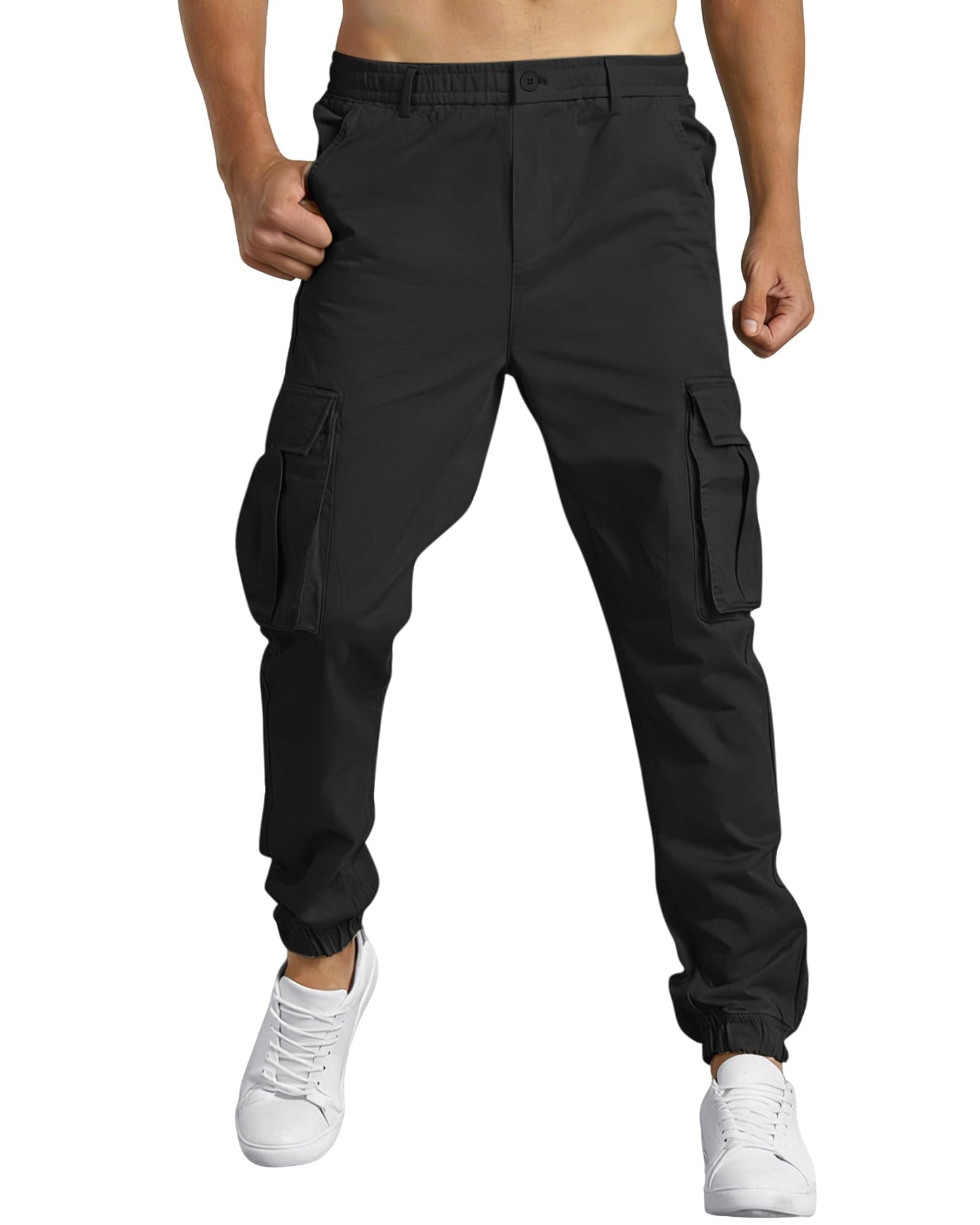 DOWMQ Mens Cargo Joggers Stretch Casual Sweatpants Elastic Waist Drawstring Tapered Pants for Men Hiking Pants with 5 Pockets Black, M