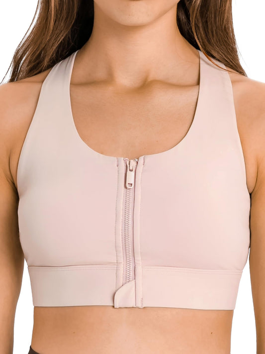 Meides Zip Front Sports Bra for Women-Wirefree Padded Workout Yoga Gym Running Bras Tank Tops Medium Support Pink