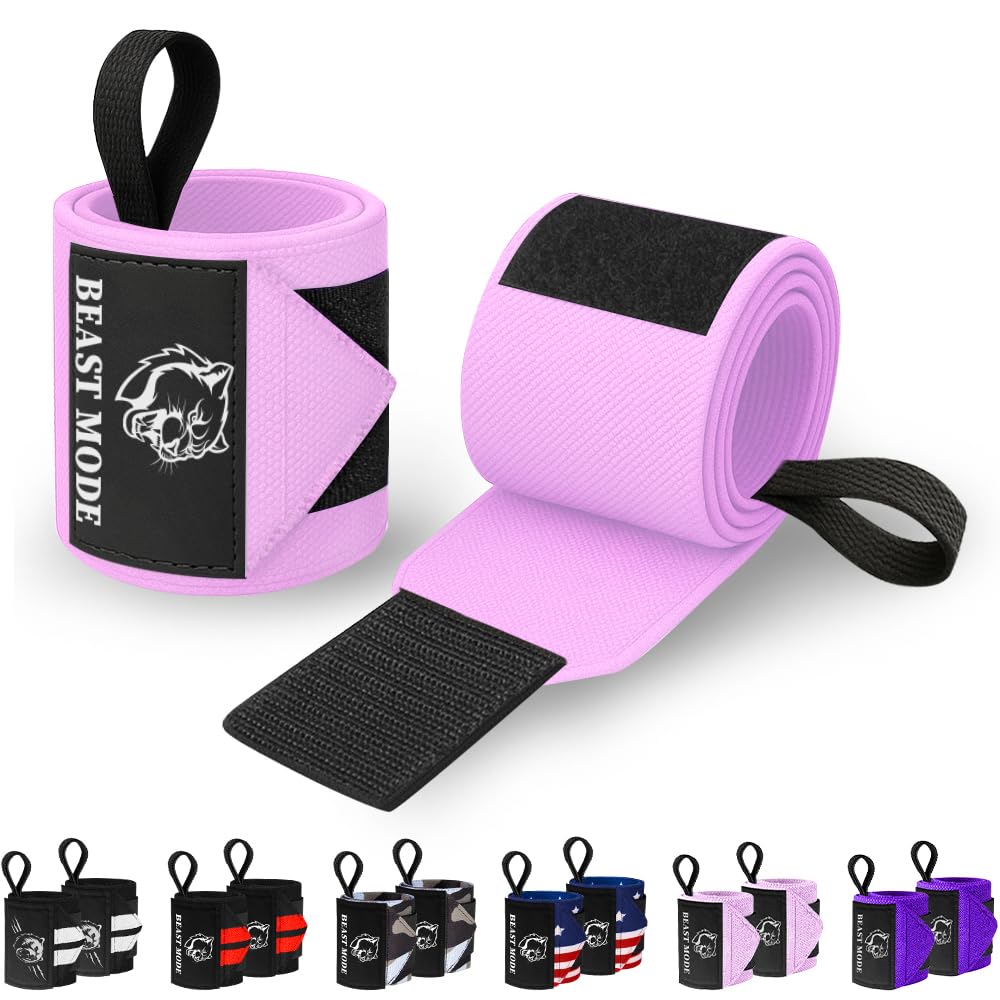 TECEUM Weightlifting Wrist Wraps with Thumb Loop – Pink – Beast Mode – 18 inch – Heavy-Duty Workout Wrist Support & Protection – Ideal for Powerlifting, Strength Training, Bodybuilding