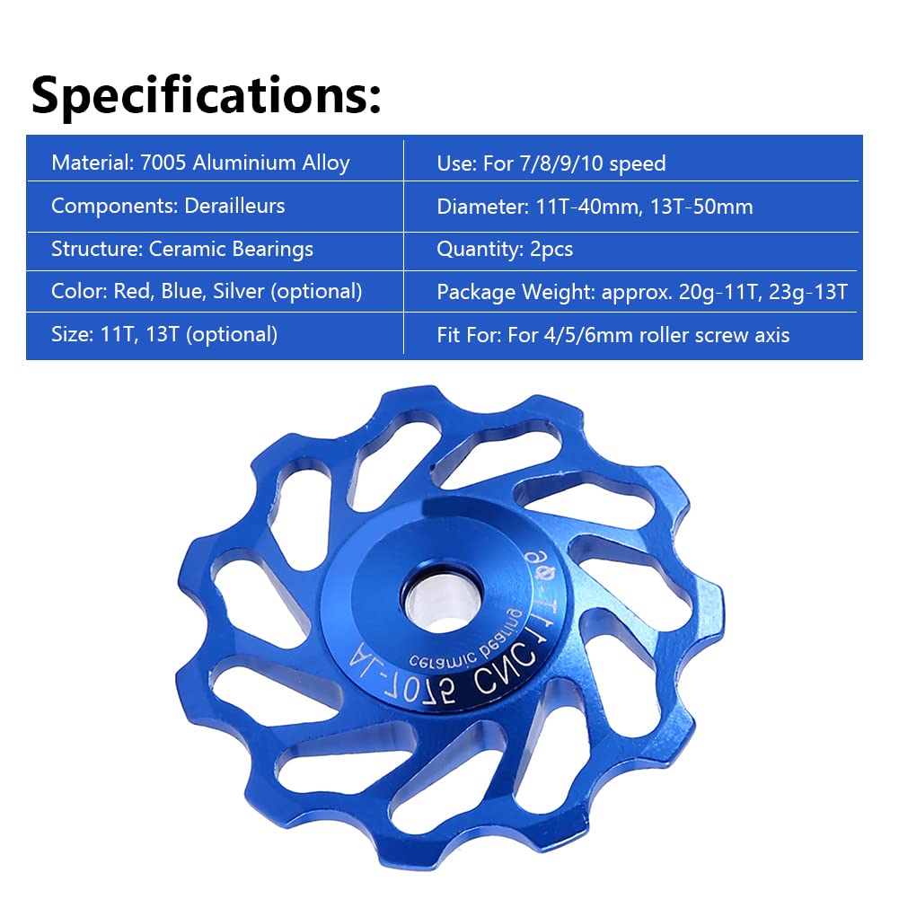Ceramic Bearing Derailleur Pulley, Smooth Rolling Low Friction, 11T Road Bike Pulley Wheels, 2Pcs Blue for Cyclists Mechanics Road Cycling Maintenance