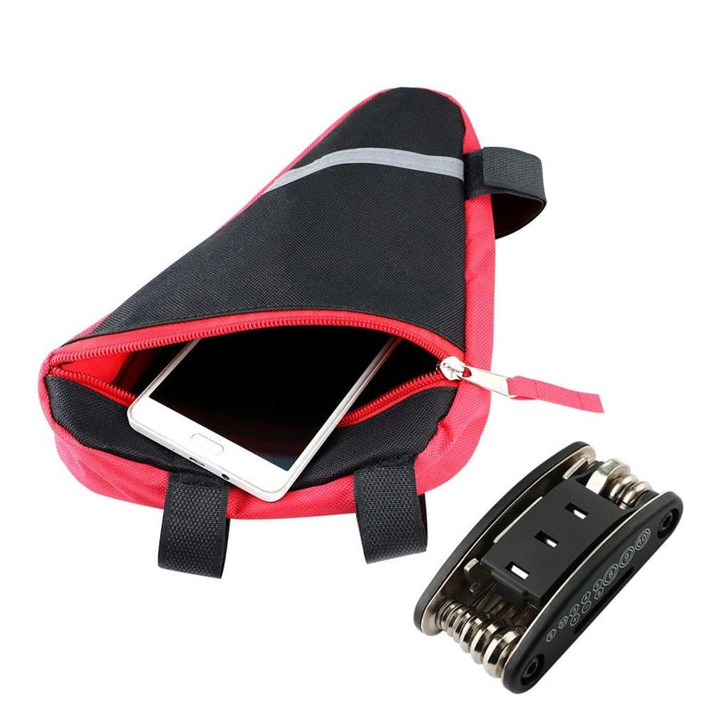 QitinDasen 2 Pieces Bike Triangle Bag, Waterproof Bicycle Front Tube Frame Triangle Bag with Double-Sided Reflective Decoration (Red)