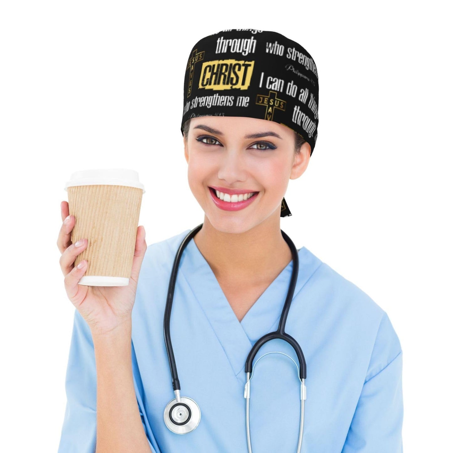 Jesus Cross Working Cap Scrub Cap with Sweatband Adjustable Unisex Women Tie Back Hat Nurse Doctor Surgical Caps