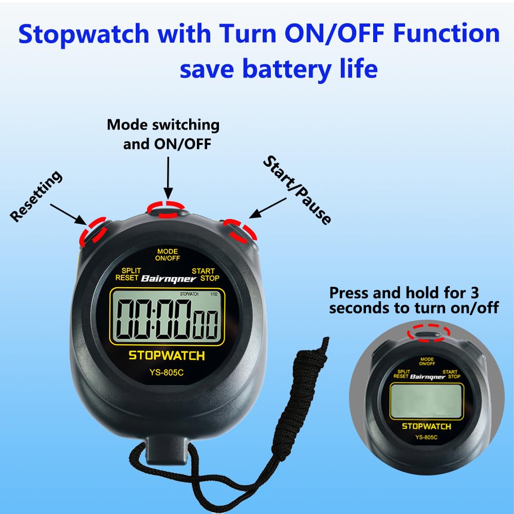Bairnqner Stopwatch Timer with Countdown, ON/Off Simple Operation No Clock No Date, Digital Stop Watch for Sports, Black