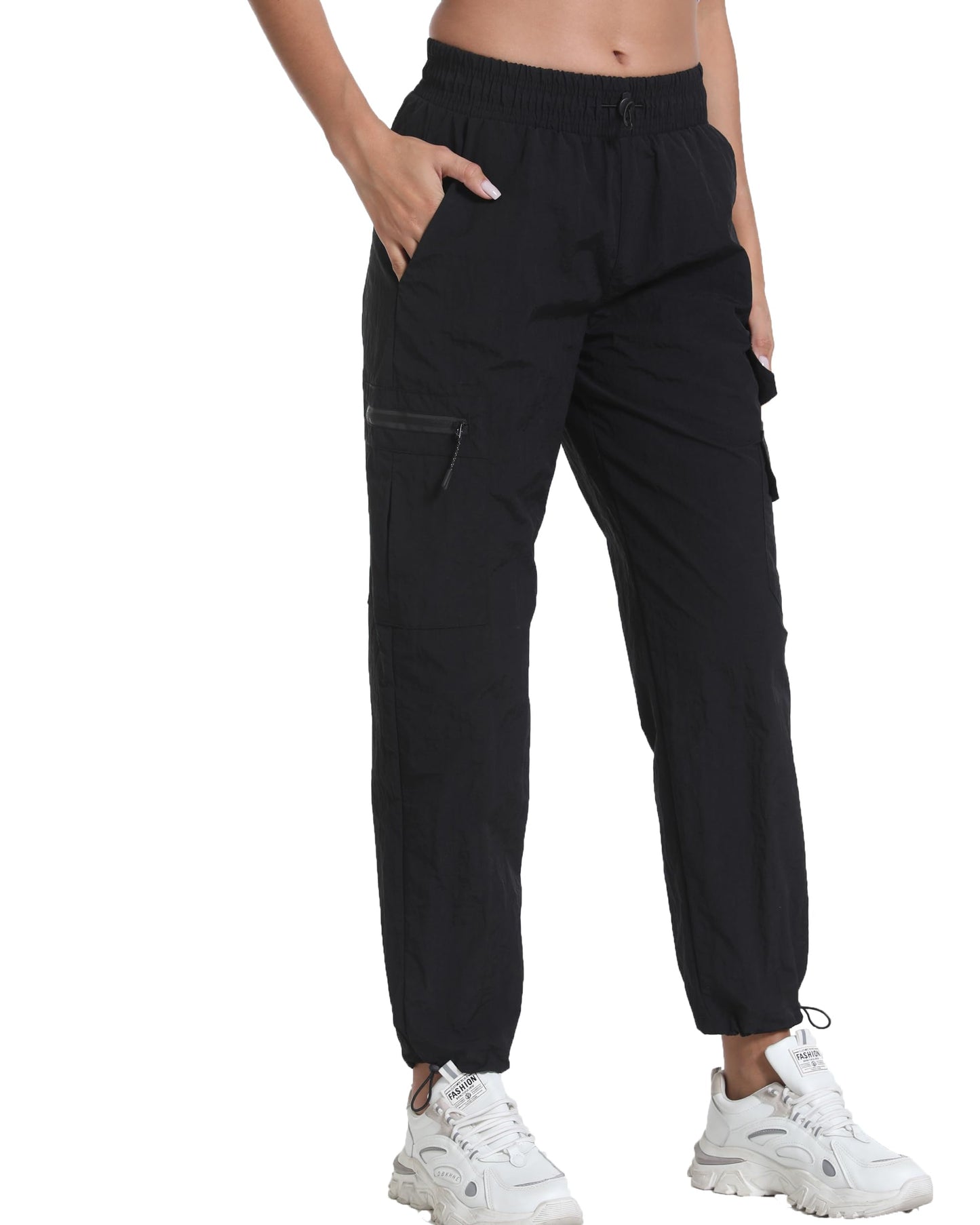 Yoglegins Women's Lightweight Hiking Joggers with Pockets - Water Resistant Cargo Pants for Outdoor Workouts Camping (Black Straight, Medium)