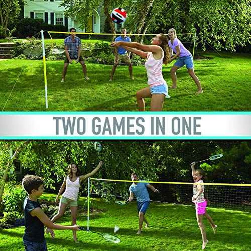 Franklin Sports Volleyball + Badminton Combo Sets - Backyard + Beach Outdoor Volleyball + Badminton Net Set - Portable Badminton + Volleyball Net with Poles - Volleyball, Rackets + Birdies Included