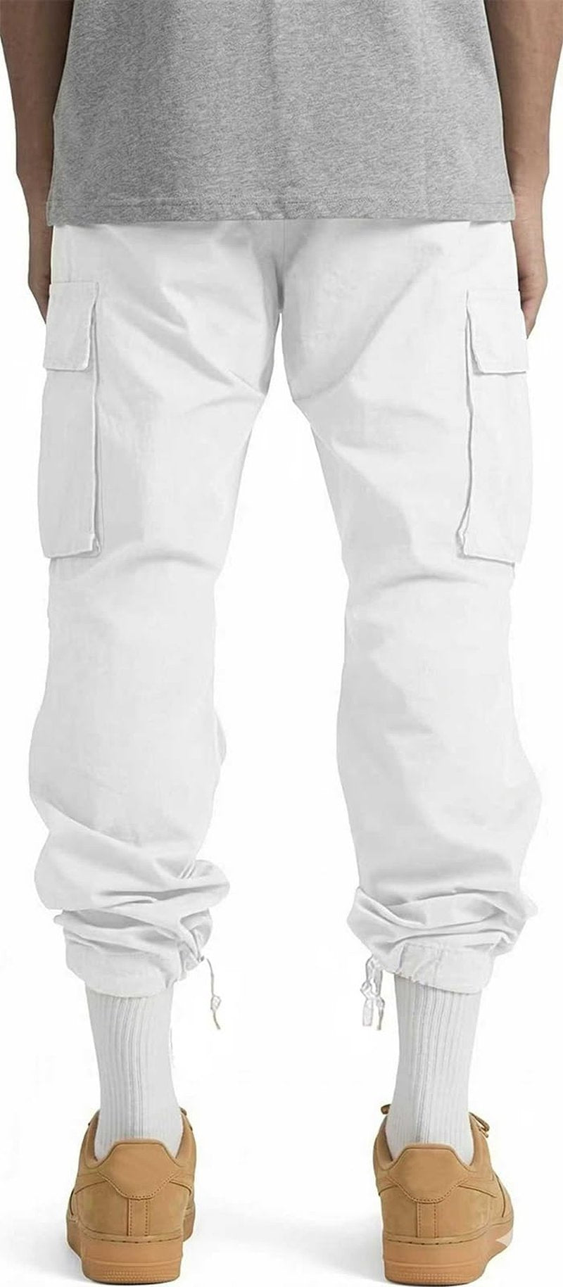 HUNGSON Mens Cargo Pants Drawstring Casual Hiking Pants Joggers Athletic Trousers Cotton Loose Straight Sweatpants for Men White