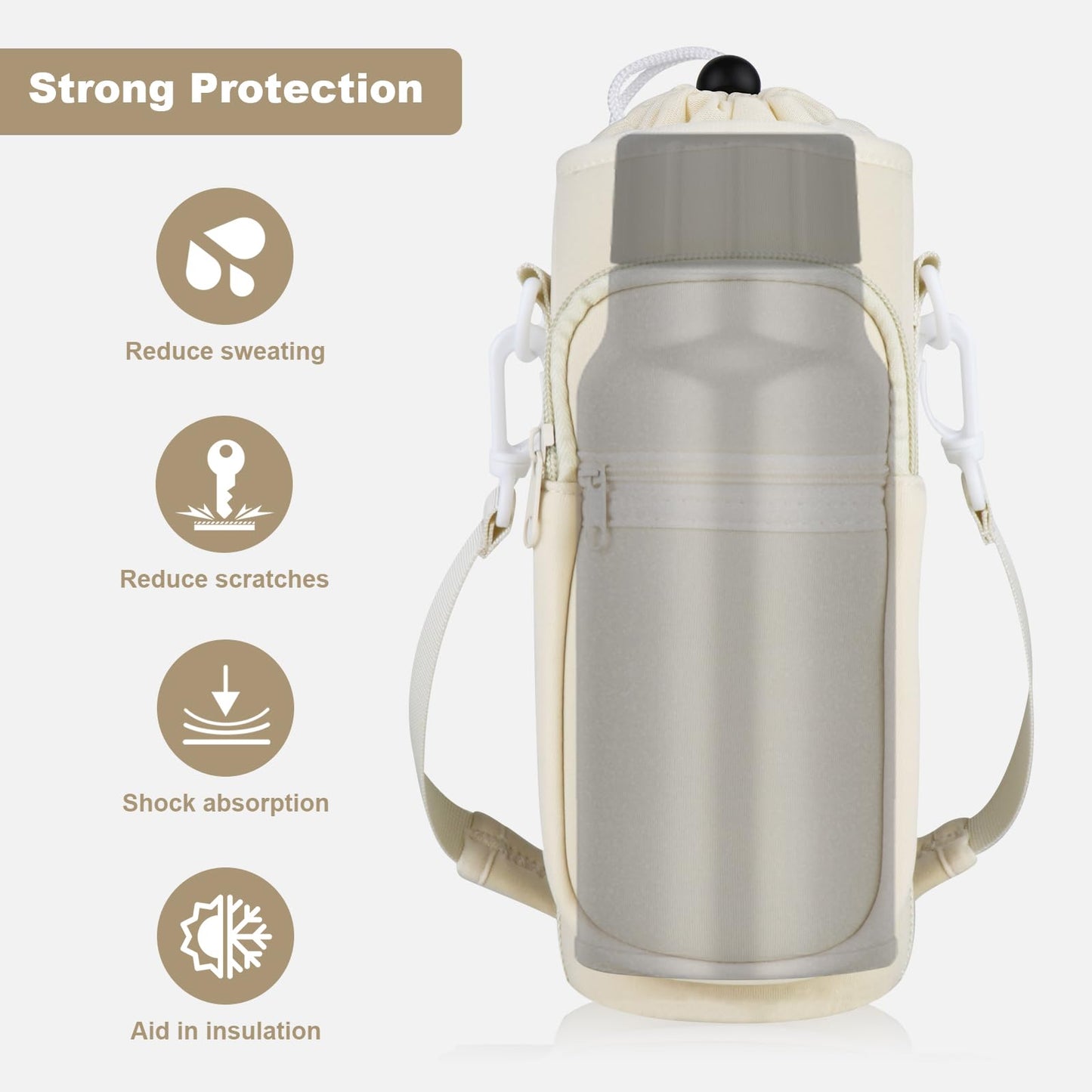 Bstge Water Bottle Holder with Strap, Water Bottle Carrier Bag with Phone Pocket, Shoulder Hand Strap Insulated Neoprene 32 oz Water Bottle Sleeve for Walking Hiking Camping Gym(white)