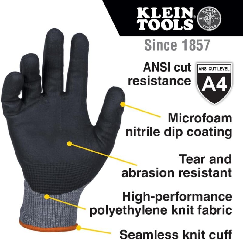 Klein Tools Work Gloves - Cut Resistant Nitrile Coated | Touchscreen Capable, Medium, 2-Pair
