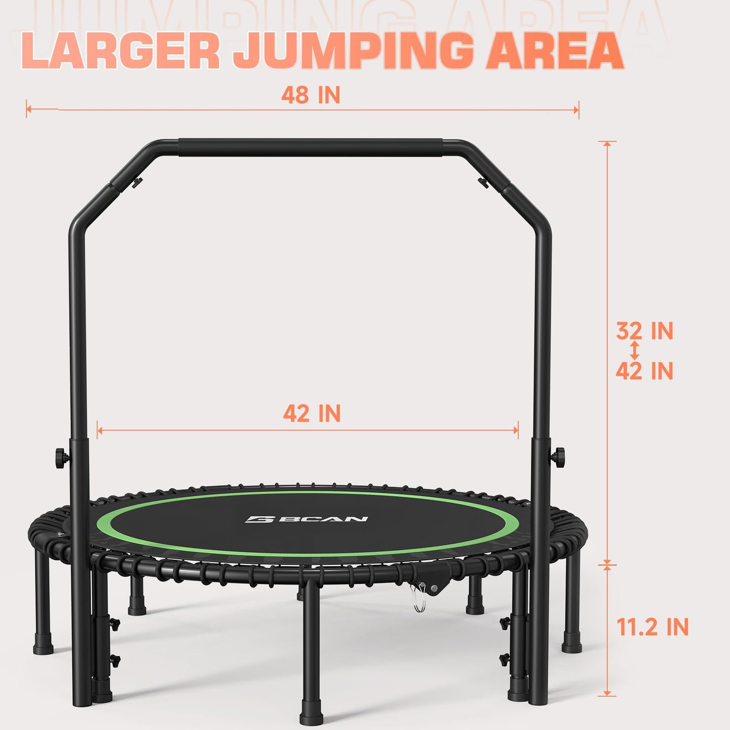 BCAN 550 LBS Foldable Mini Trampoline, 48" Fitness Trampoline with Adjustable Handle Bar, Bungees, Stable & Quiet Exercise Rebounder for Kids Adults Indoor/Garden Workout-Green