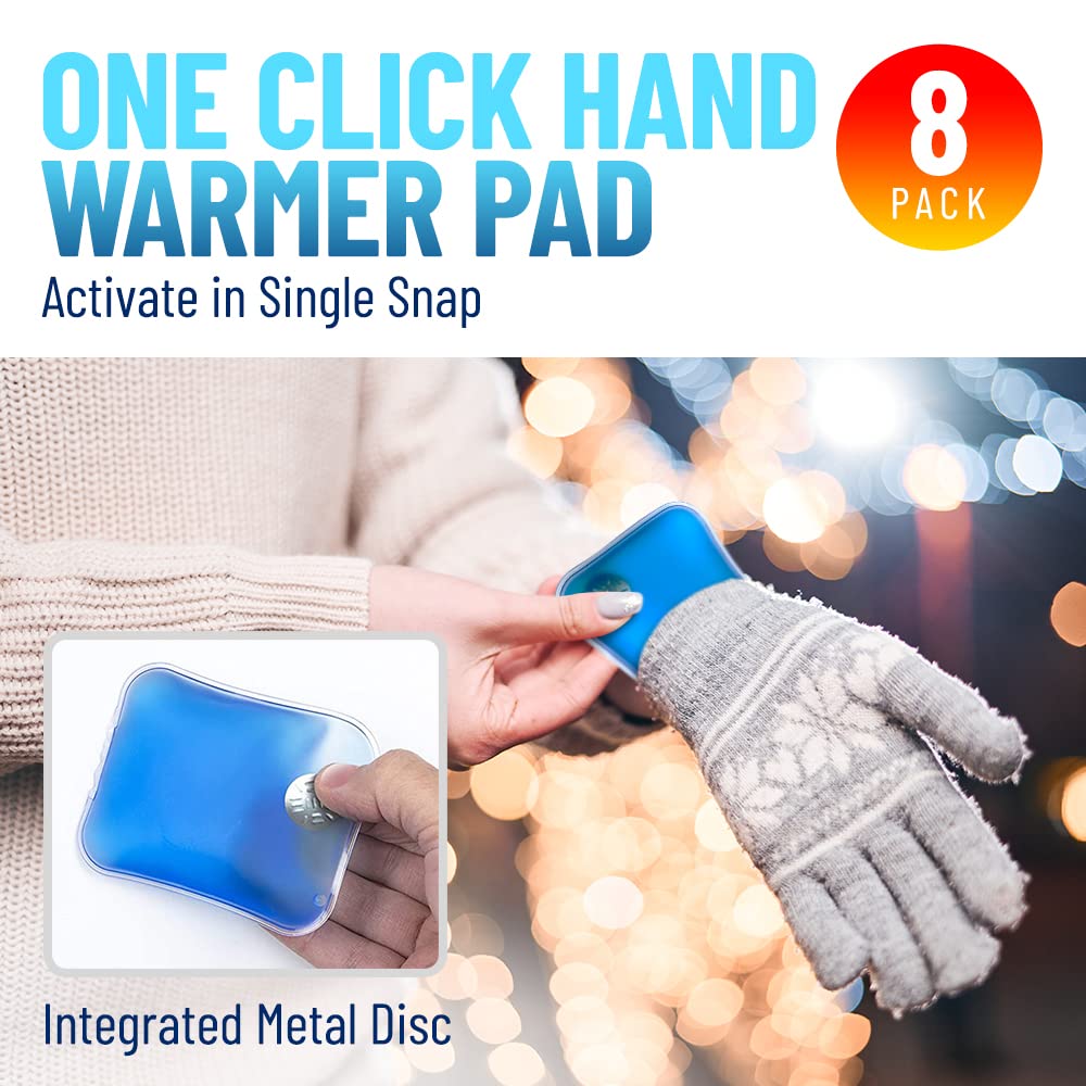 Reusable Heat Packs, Set of 8 - Gel Hand Warmer with Snap to Heat Metal Disc Technology for One Click Heating - Instant to Go Pocket Hand Warmer with Gift Packaging.