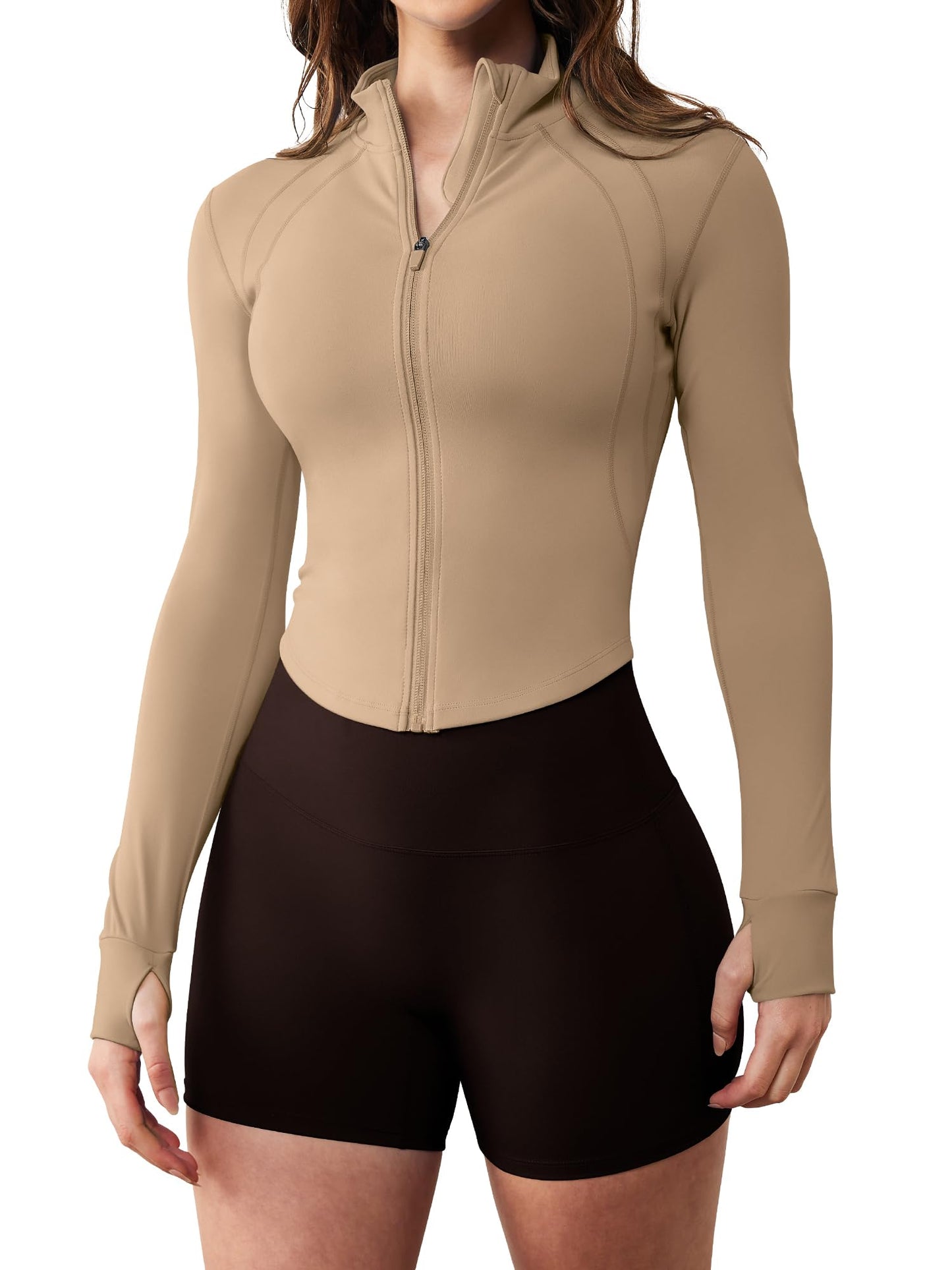 GYM RAINBOW Womens Zip Up Athletic Jacket Lightweight Contour Fit Gym Fitness Workout Jackets with Thumb Holes(#1 Khaki,Medium)