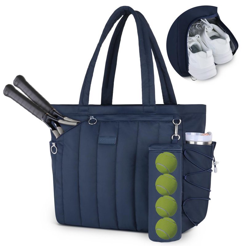 Movker Quilted Tennis Bag for Women & Men, Large Tennis Tote with Shoe Compartment & Waterproof Wet Pocket, Fits 2-4 Rackets & 15.6" Laptop, Lightweight Gym Duffle Sports Bag with Fence Hook(Navy)
