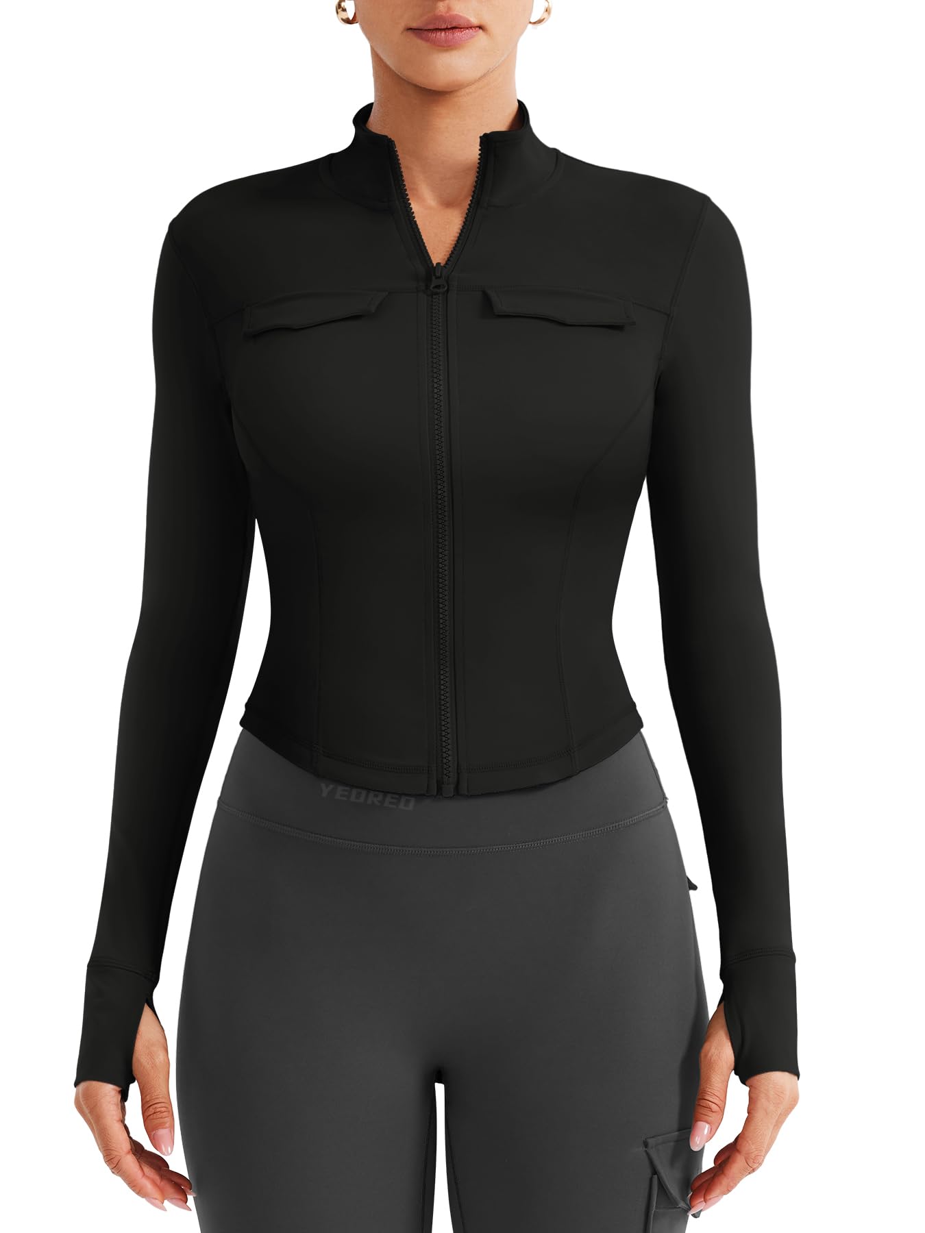 YEOREO CoreFlex Womens Workout Jackets Cropped Zip Up Athletic Jackets Arsene Slim Fit Yoga Running Tops with Thumb Holes Black M
