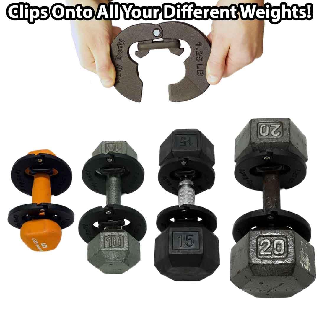 July Body 1.25 Pound Weight Clips – Adds 2.5 Total Pounds - For Dumbbells, Kettlebells, and Barbells - 1.25 Weight - Dumbbell Add Weight - Dumbbell Weight Clips - Weight Clip - Fractional Weight Plates (4 Clip Pack)