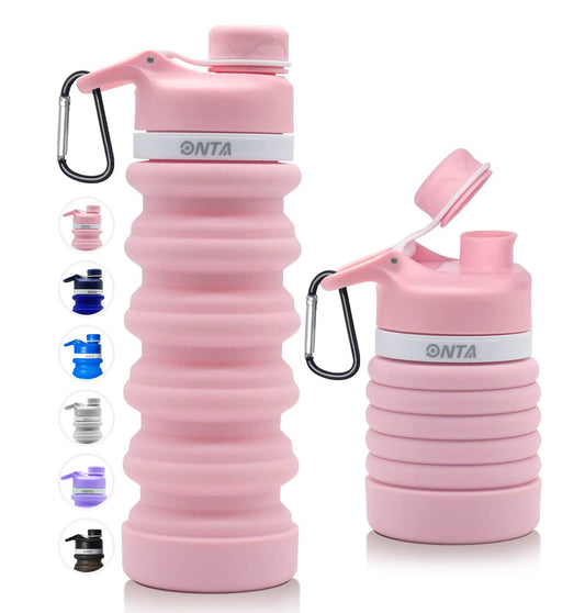 ONTA Collapsible Water Bottle- BPA Free Silicone Foldable Water Bottle for Travel,Silicone Portable Leak-Proof Travel Water Bottle 20oz, pink