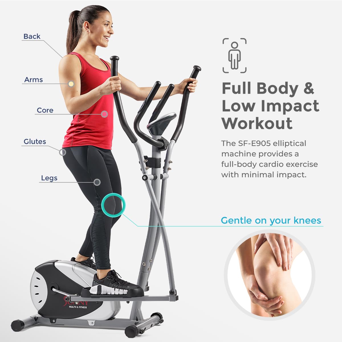 Sunny Health & Fitness Legacy Stepping Elliptical Machine, Total Body Cross Trainer with Hyper-Quiet Magnetic Belt Drive, Low Impact Exercise Equipment SF-E905