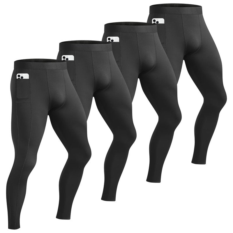 HovSiyla 4 Pack Mens Compression Pocket Athletic Pants Sports Performance Base Layer Wortout Running Tights Gym Spandex Leggings Black Large